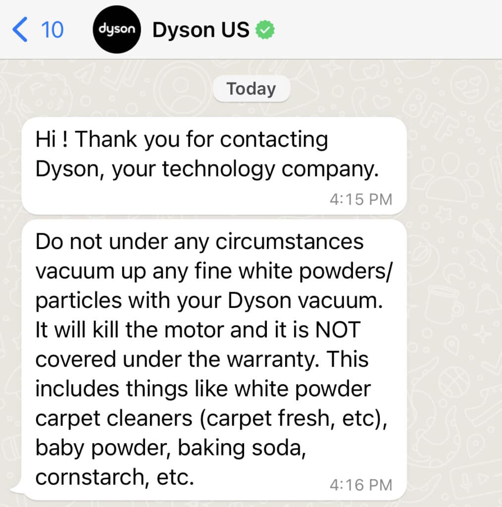 Dyson customer support on why not to use baking soda on carpet