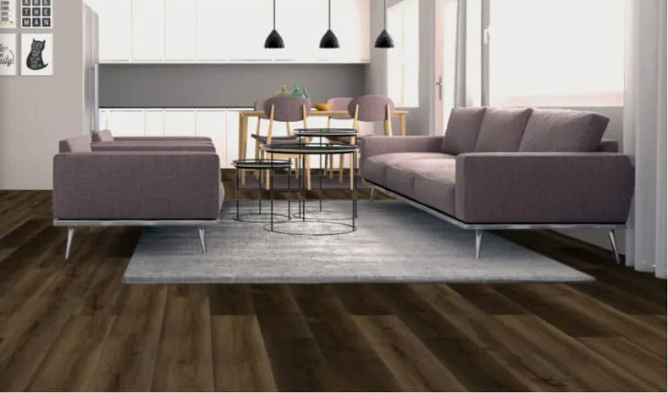 Dark Brown Wood-Look Proximity Mills Loose Lay Flooring in a Living Room